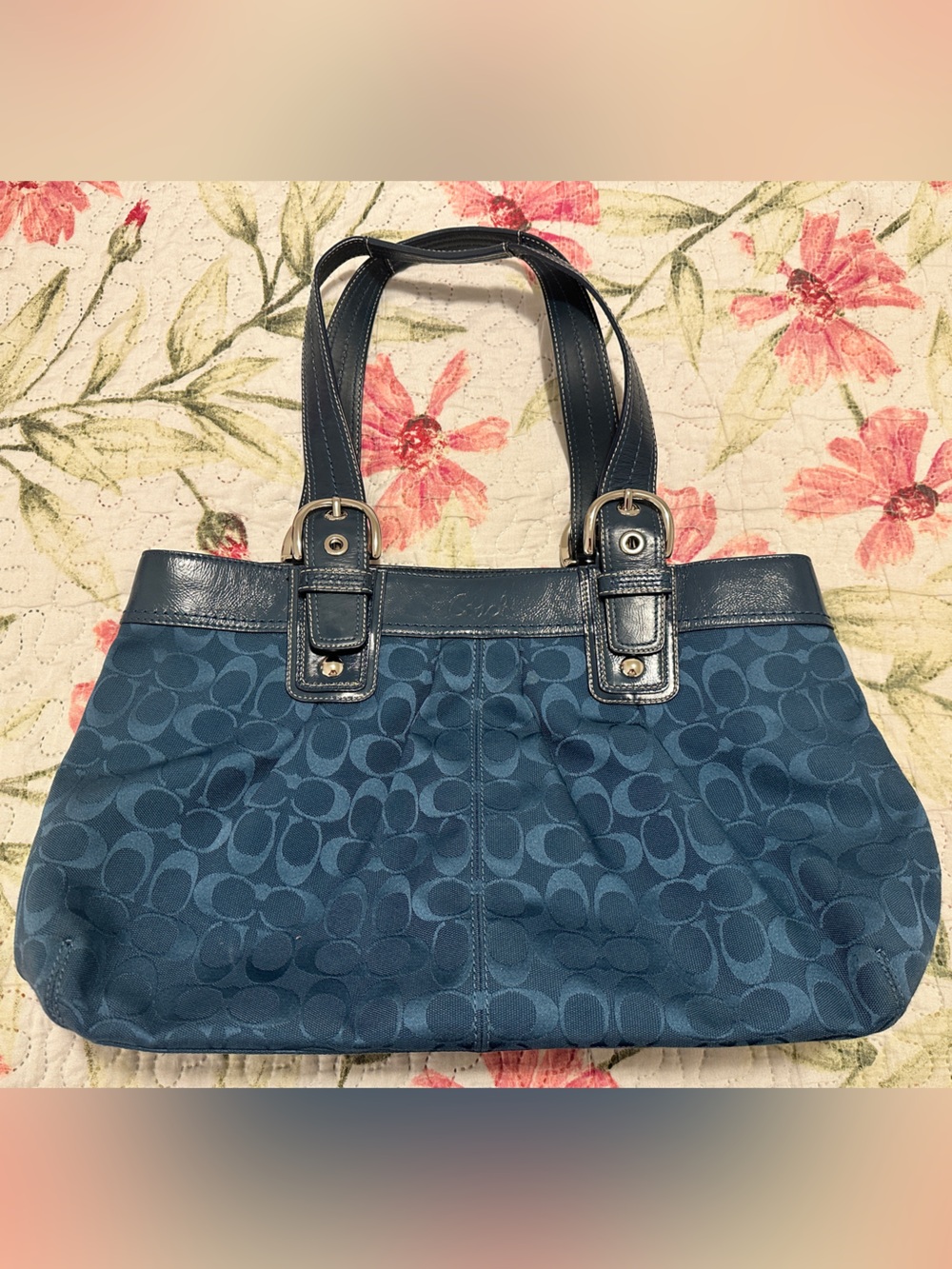 Coach Vintage SoHo Pleated Signature Canvas Shoulder Bag in Navy Blue